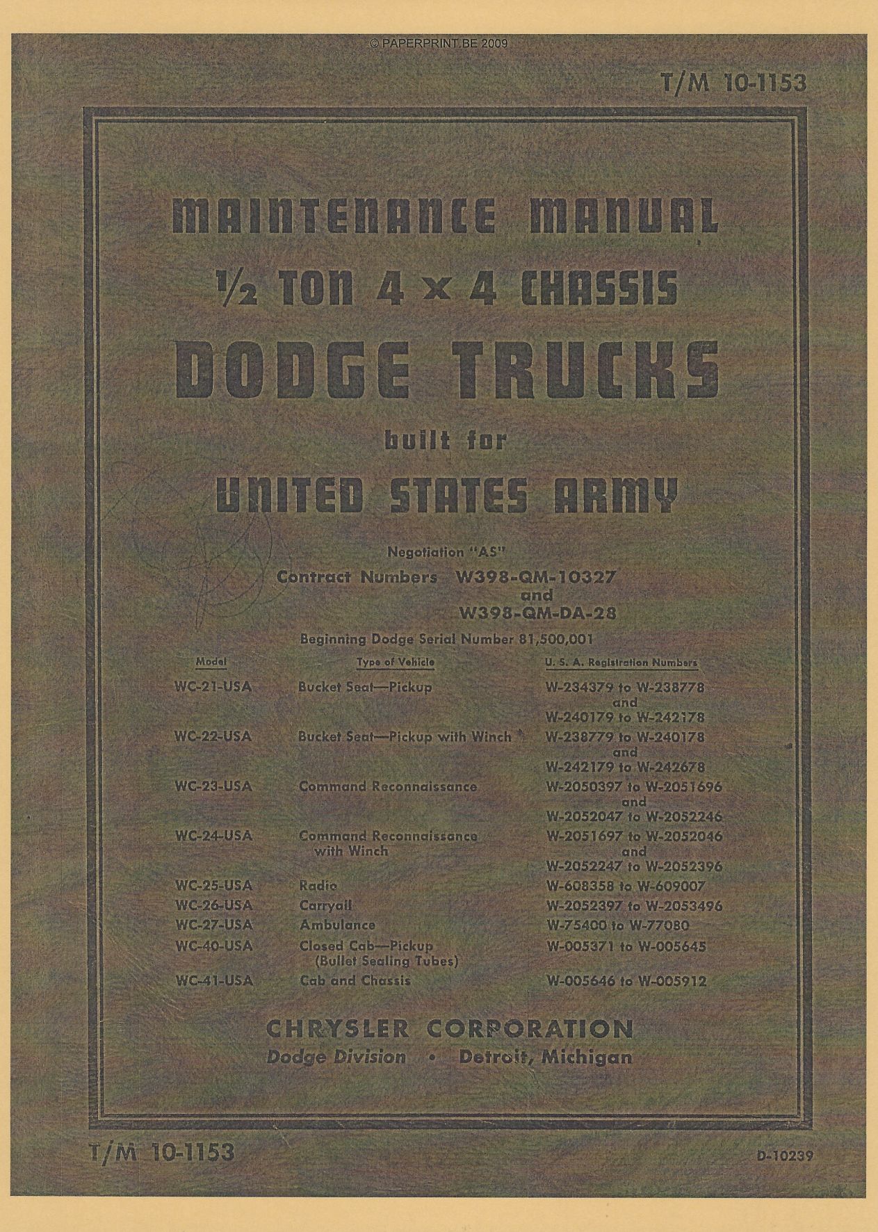 TM 10-1153 US ½ TON 4x4 CHASSIS DODGE TRUCKS